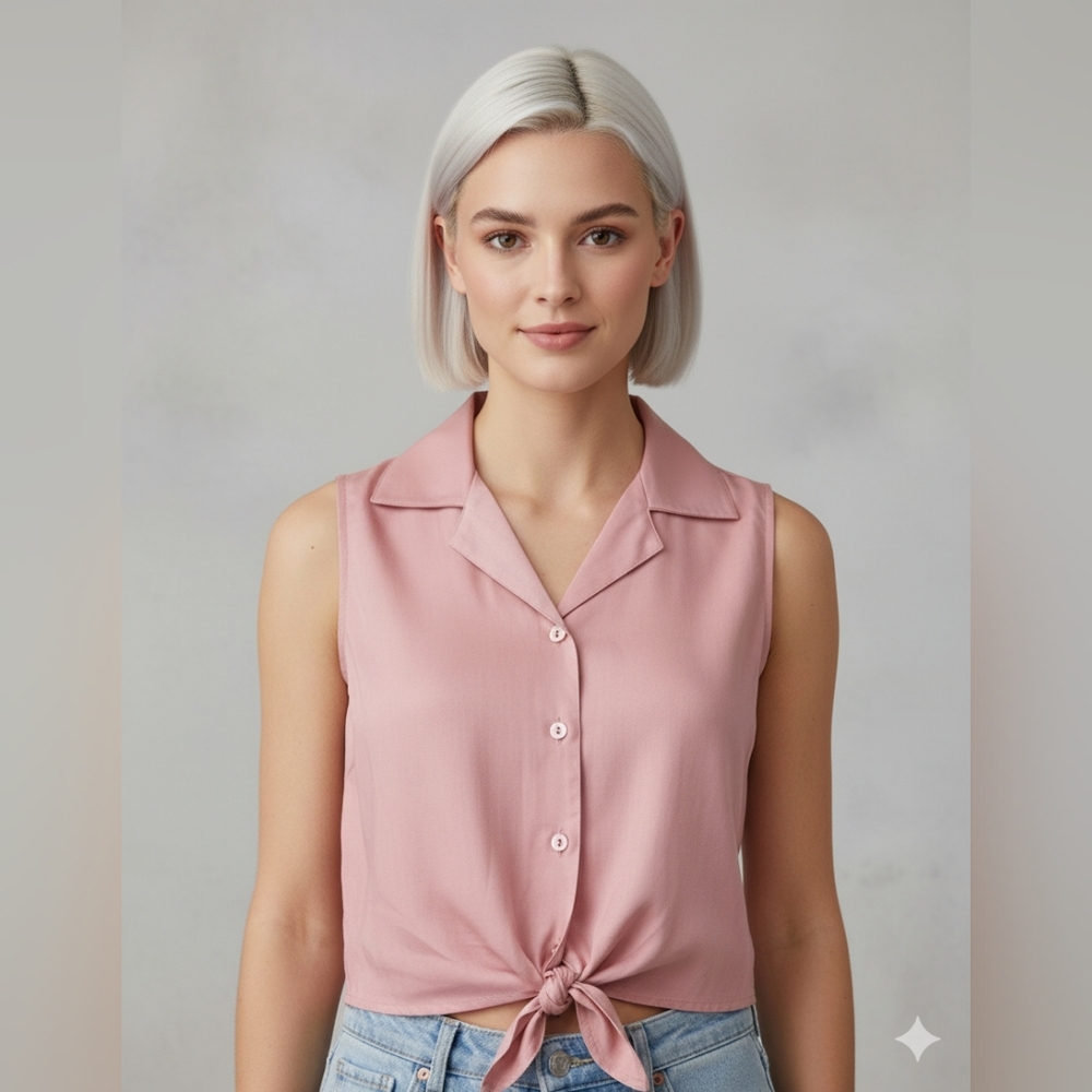 Islander Women's NWT Pink Sleeveless Button Down Knotted Crop Top Size XS 🐈